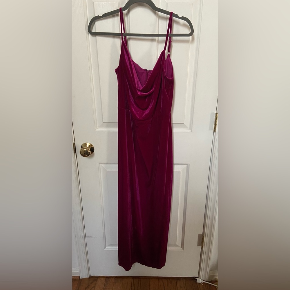 NWOT Taylor Velour Cowl Neck Slip Dress Side Slit Fuchsia